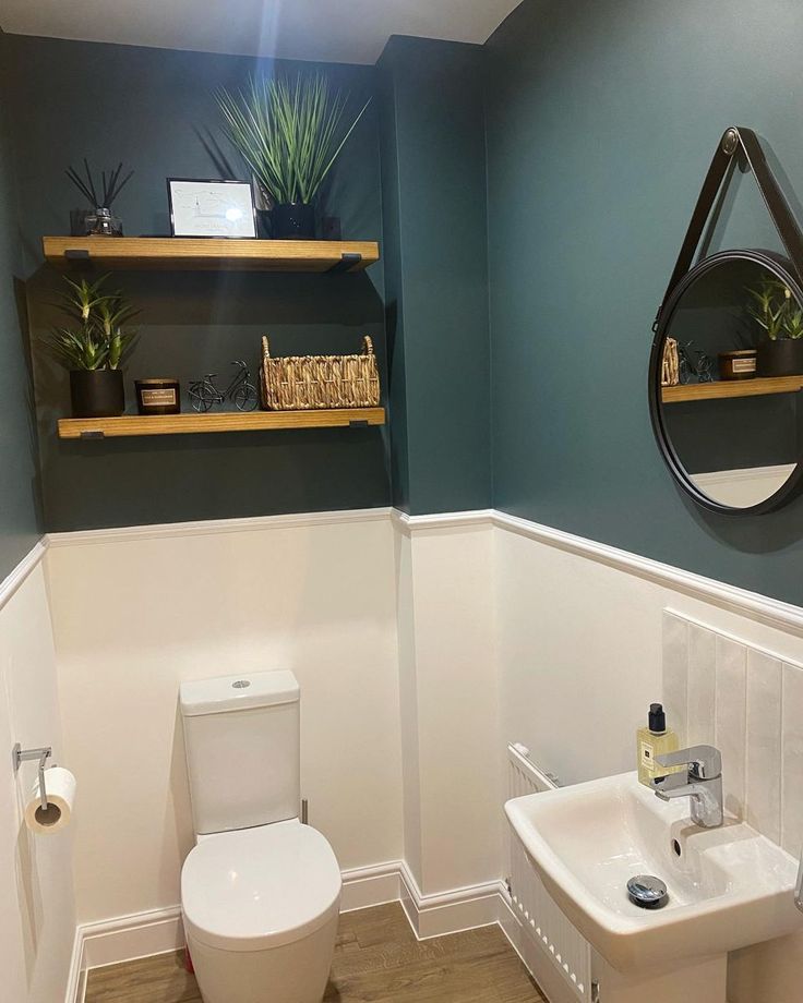 Inchyra Blue FarrowBallDado railRustic shelvesSmall space. Bathroom With Dado Rail, Small Toilet Room Dado Rail, Toilet Room Ideas Panelling, Cloakroom Toilet Shelving Ideas, Blue Downstairs Toilet, Two Tone Small Bathroom, Small Wc Panelling, New Build Cloakroom Toilet Ideas, Cloke Room Toilet