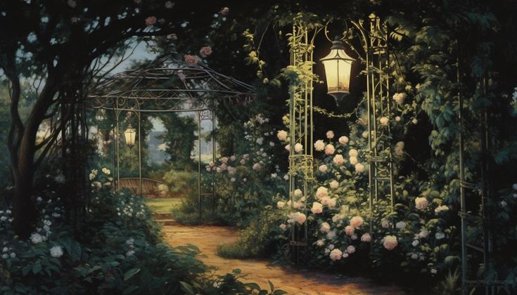 a painting of a garden with roses and a light fixture in the middle, surrounded by greenery