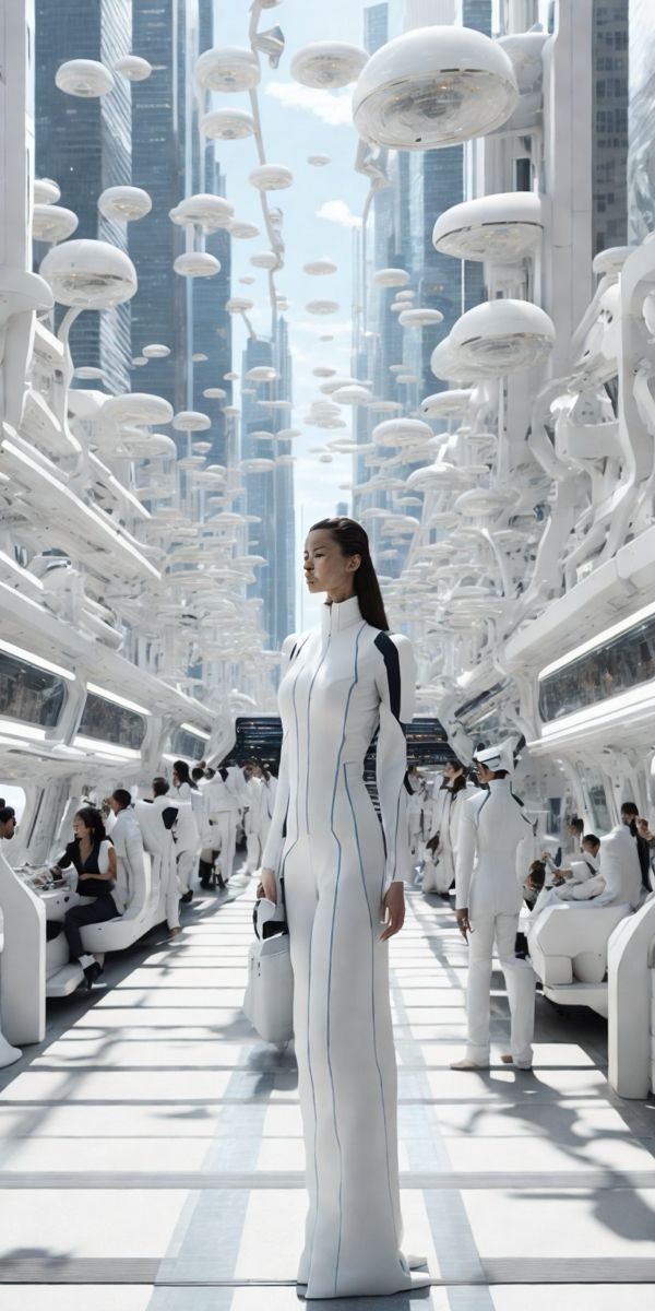 a woman standing in front of a room filled with white objects