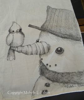 a drawing of a snowman holding a bird