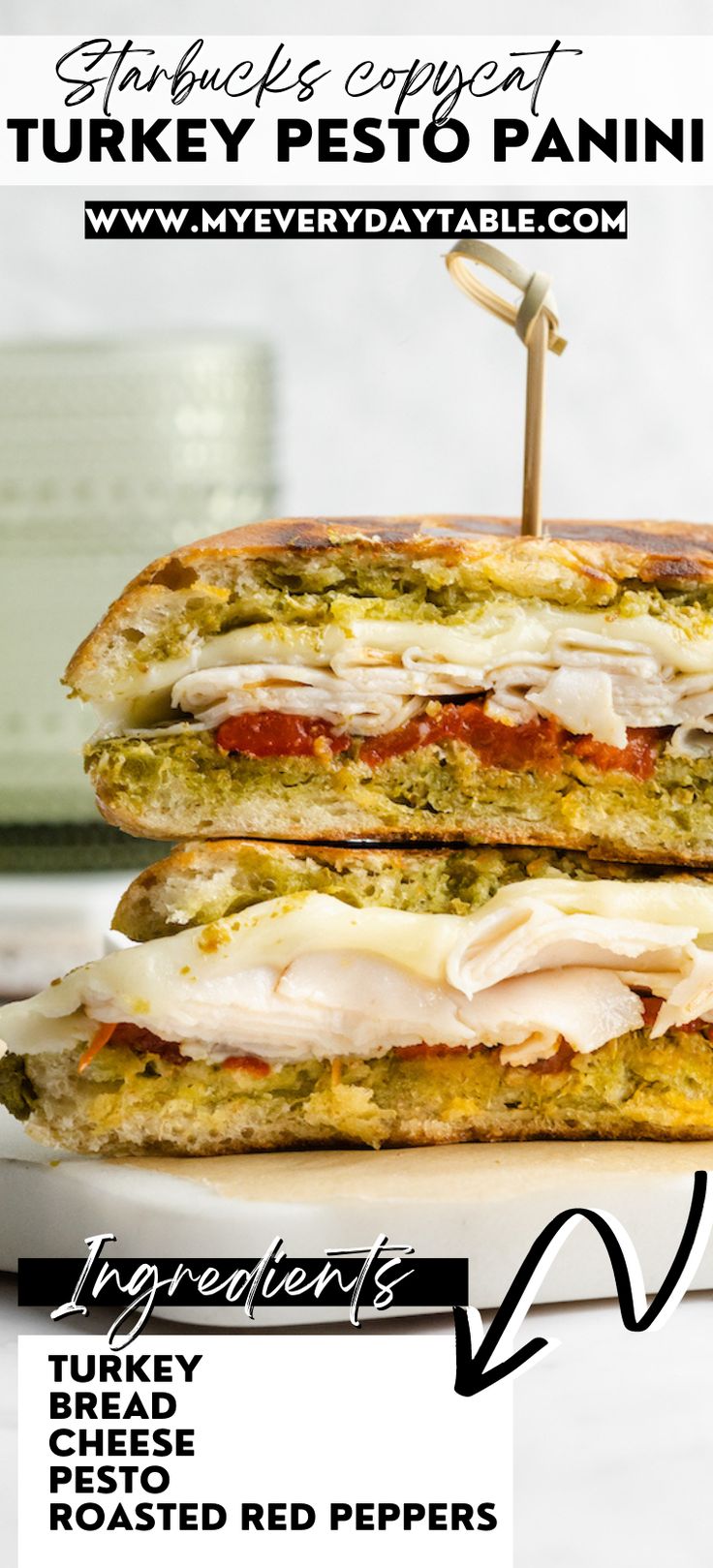 there is a turkey pesto panini sandwich on the plate with a toothpick in it