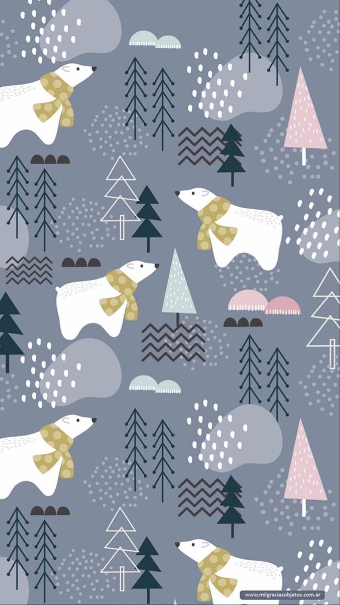 a pattern with polar bears and trees in the snow on a gray background, which is also available for wallpaper