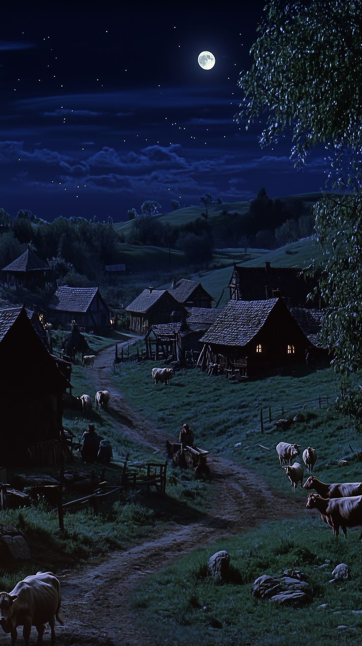 a night scene with cows grazing on the grass and houses in the distance, under a full moon