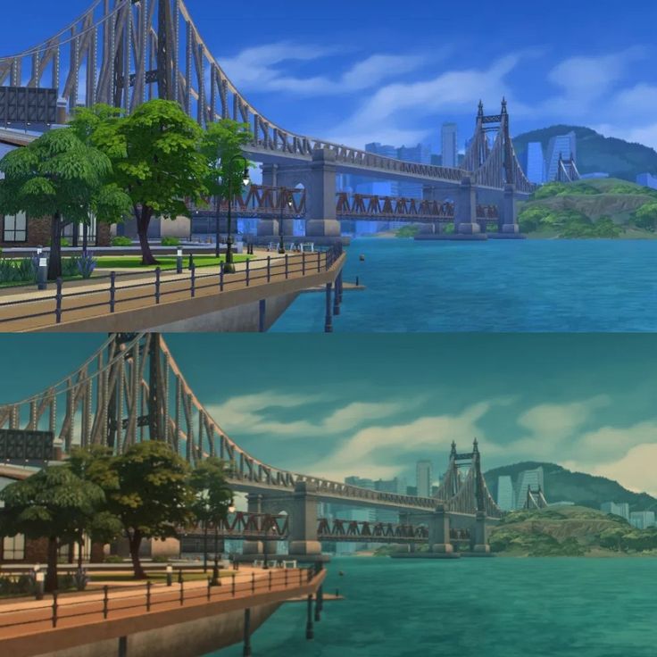 three different views of the same bridge over water with trees and buildings on each side