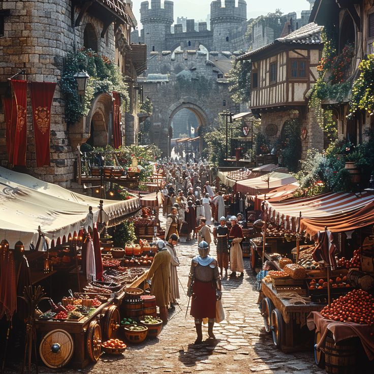 an outdoor market with people walking around it