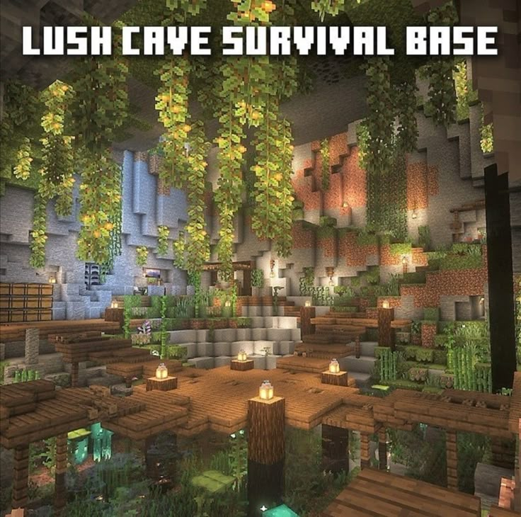 an image of a lush cave survival base