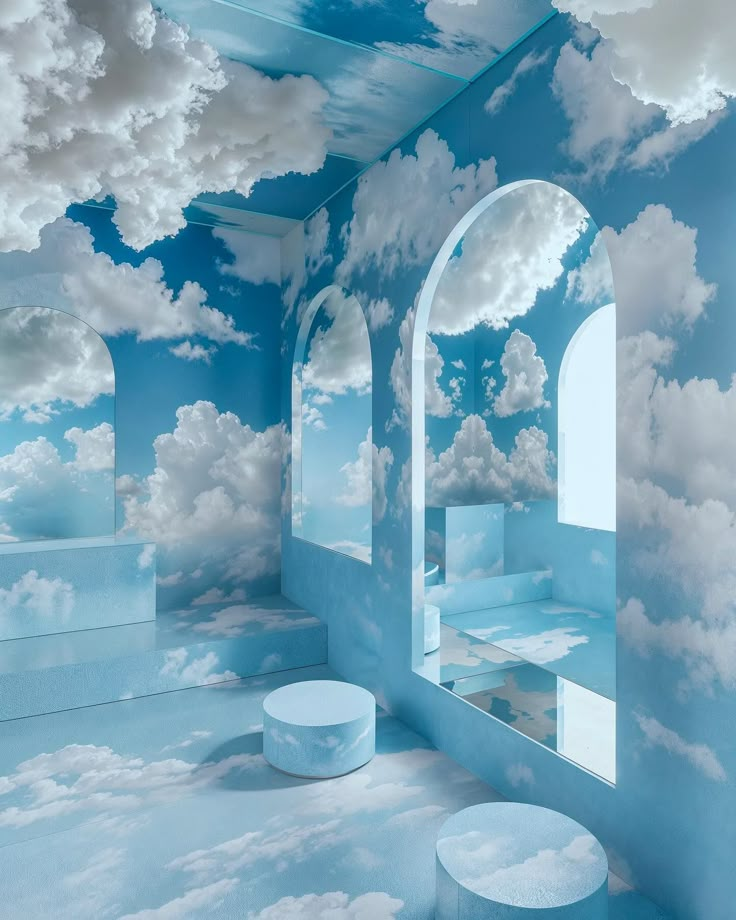 a room with clouds painted on the walls and windows to look out into the sky