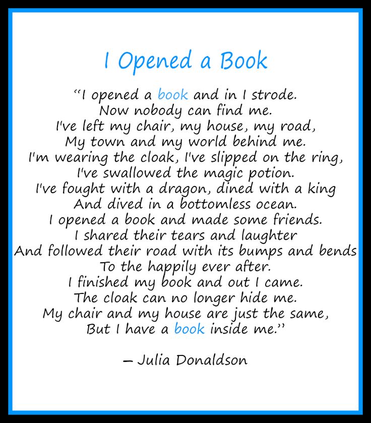 a poem written in blue and white with the words i opened a book on it