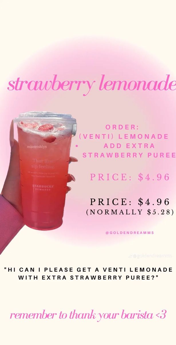 a woman holding up a pink drink in front of her face with the words strawberry lemonade