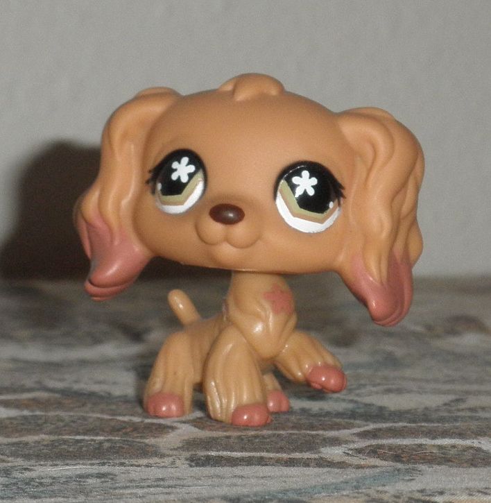 a close up of a toy dog with big eyes and brown hair, sitting on a surface