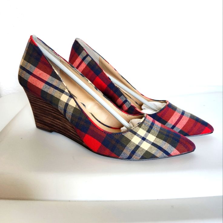 A Sophisticated Leather Pump Is Crafted With A Sultry Pointed Toe And Given Leg-Lengthening Height By A Stacked Wedge Heel (2.5") Leather Upper/Synthetic Lining And Sole Unique Plaid Design Perfect For The Office Or Play! Brand New/Unworn. Red Sole Wedge Heels, Casual Fitted Wedge Heels, Red Wedge Sandals, Black Espadrilles Wedges, Strappy Wedge Heels, Slip On Wedge Sandals, Red Wedges, Slip On Espadrilles, Black Espadrilles