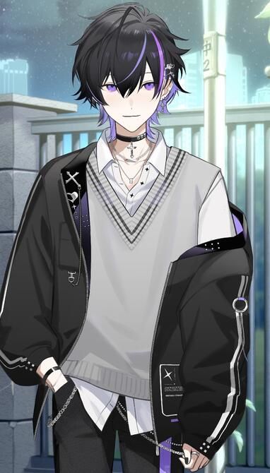 an anime character with black hair and white shirt holding a purple ribbon in his hand