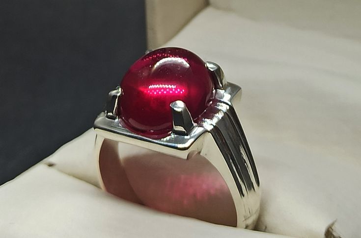 Cabochon Deep Red Ruby Sterling Silver 925 Handmade Women Elegant Ring Product: Ring Gemstone: Ruby Color: Red Handmade Ring It is heated and treated (lab created) but High Quality Ruby with pure 925 Sterling Silver Handmade Ring. Formal Sterling Silver Cabochon Rings, Sterling Silver Cabochon Rings For Formal Occasions, Formal Cabochon Ring In Sterling Silver, Formal Cabochon Sterling Silver Rings, Elegant Red Cabochon Gemstones, Fine Jewelry White Gold Cabochon Ruby Ring, Luxury Silver Ruby Cabochon Ring, Fine Jewelry Ruby Cabochon Ring In White Gold, Fine Jewelry Cabochon Ruby Ring In White Gold