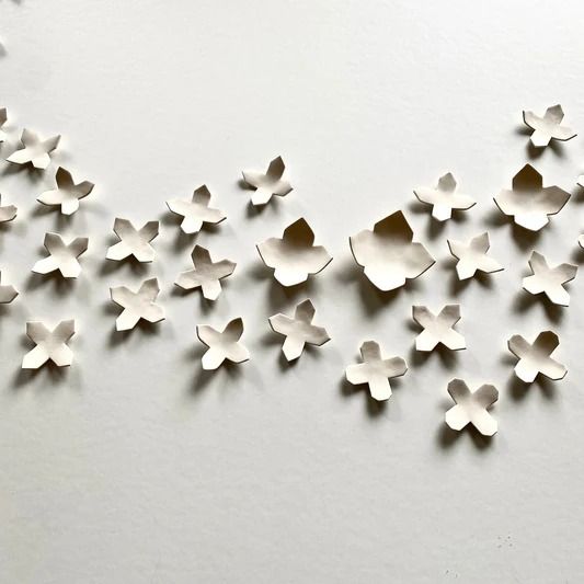 several pieces of cut out paper are arranged in the shape of flowers on a white surface