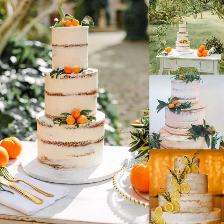 a three tiered cake sitting on top of a white table next to oranges