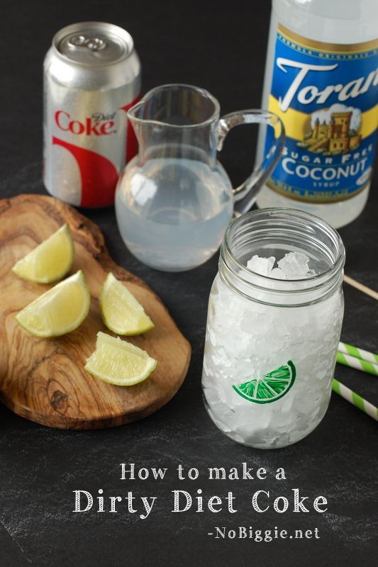 the ingredients to make a dirty diet coke are displayed on a black surface with text overlay