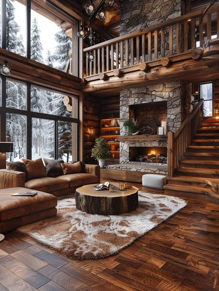 a living room filled with furniture and a fire place in the middle of a wooden floor