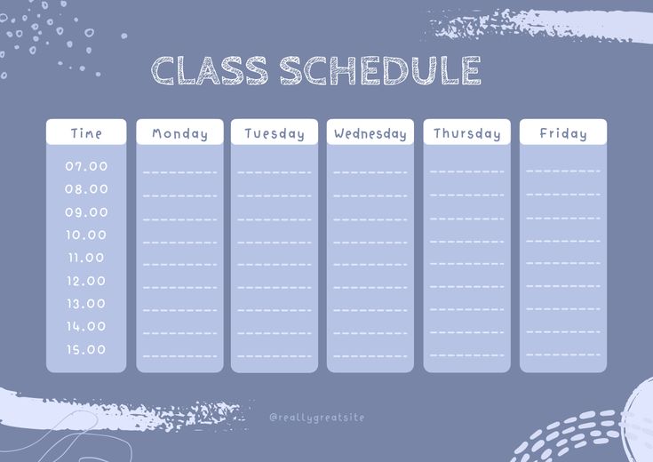 a blue and white calendar with the time for class schedule on it's side