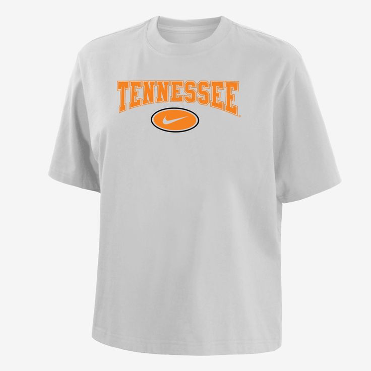 Made with soft cotton, this roomy Tennessee tee gives you a relaxed look without feeling too oversized and lets your cheer on your school in comfort. White Letter Print Tops For Campus, Sporty White Tops For Campus, White Cotton Tops For Campus, Casual White T-shirt For College, Casual White T-shirt For Campus, White Cotton T-shirt For Campus, Sporty Pre-shrunk T-shirt For Campus, Sporty Relaxed Fit T-shirt For Campus, White Crew Neck T-shirt For Campus