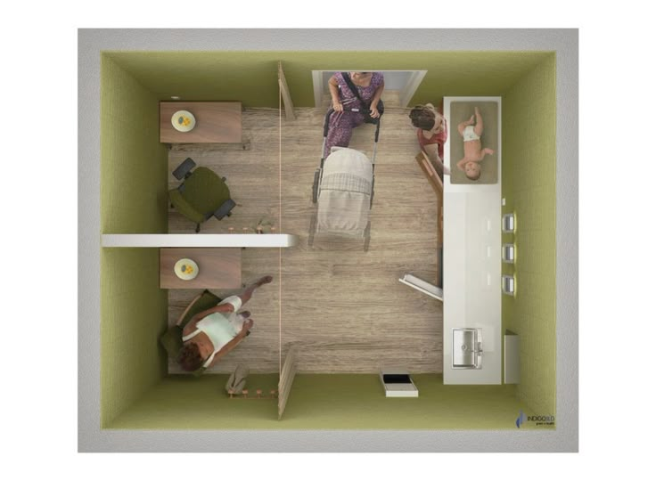 an overhead view of a bedroom and living room in a small space with green walls