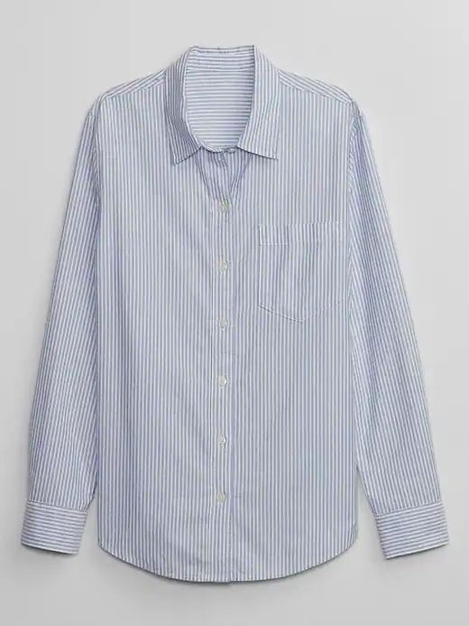 Oxford Easy Shirt | Gap Factory Work Shirt With Striped Collar And Shirttail Hem, Workwear Shirt With Striped Collar And Shirttail Hem, Pinstripe Cotton Shirt For Work, Pinstripe Collared Shirt For Work, Vertical Stripes Button-up Shirt For Business Casual, Vertical Stripes Button-up Business Casual Shirt, Office Cotton Shirt With Vertical Stripes, Pinstripe Shirt With Placket For Work, Business Casual Button-up Shirt With Vertical Stripes