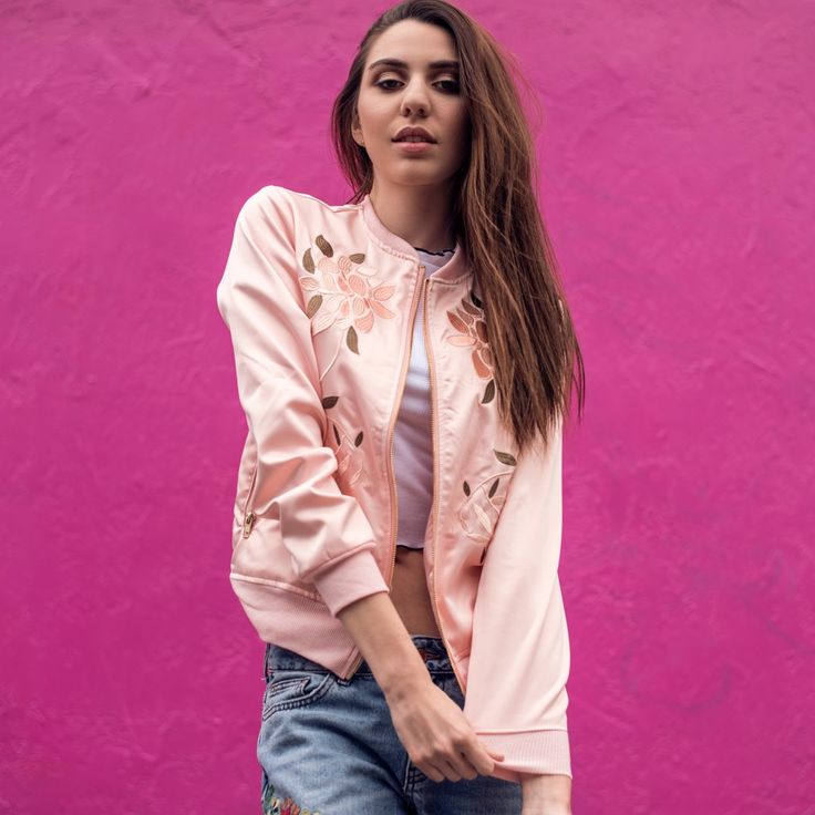 Bomber Jacket With Embroidery Spring Chic Outerwear With Floral Embroidery, Chic Floral Embroidered Outerwear For Spring, Trendy Pink Embroidered Outerwear, Trendy Embroidered Spring Outerwear, Trendy Embroidered Outerwear For Spring, Pink Embroidered Casual Outerwear, Casual Pink Embroidered Outerwear, Fitted Embroidered Spring Outerwear, Trendy Floral Embroidered Long Sleeve Outerwear