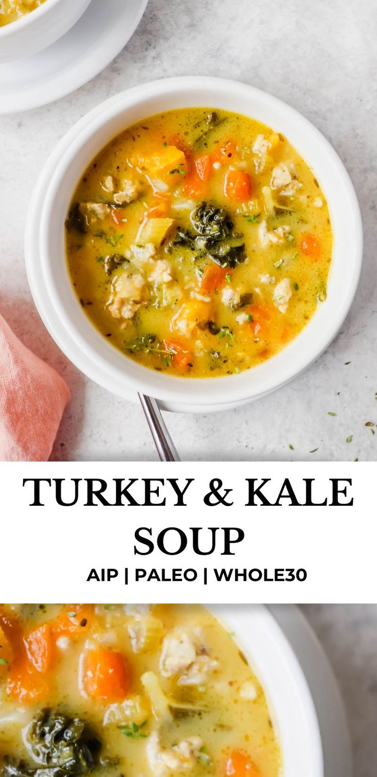 two bowls of turkey and kale soup with the title above it in black text