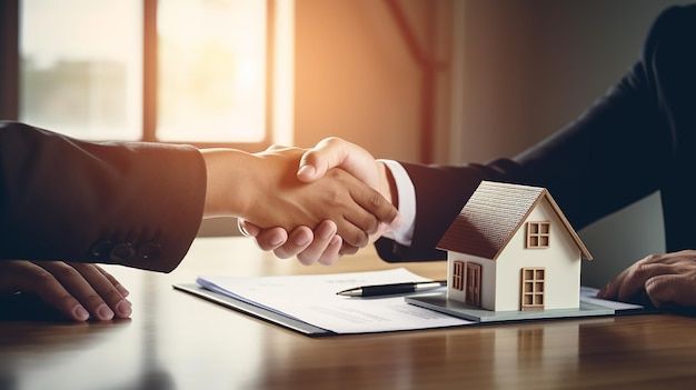 two people shaking hands in front of a small house on top of a wooden table