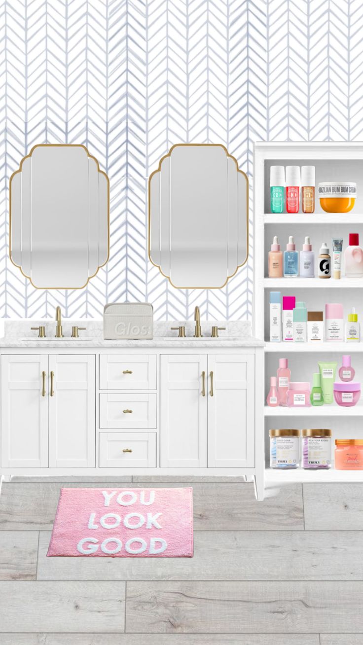 a bathroom with two mirrors and shelves filled with personal care items