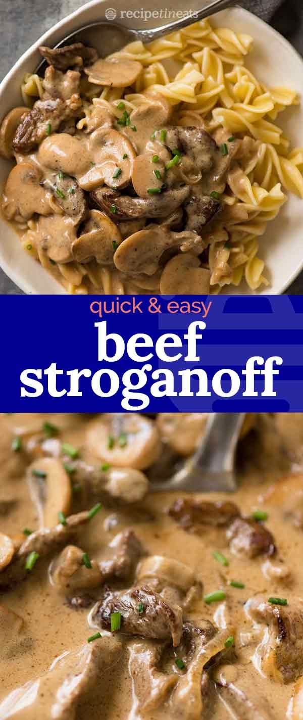 beef stroganonoff with pasta in a white bowl