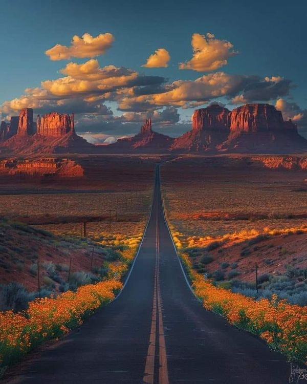 an empty road in the desert with mountains in the background and clouds above it that look like they are floating in the air