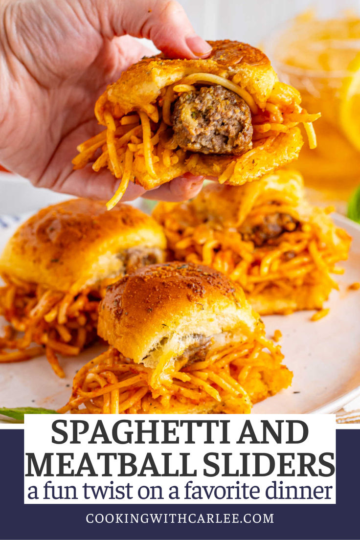 spaghetti and meatball sliders on a white plate with text overlay reading spaghetti and meatball sliders a fun twist on a favorite dinner