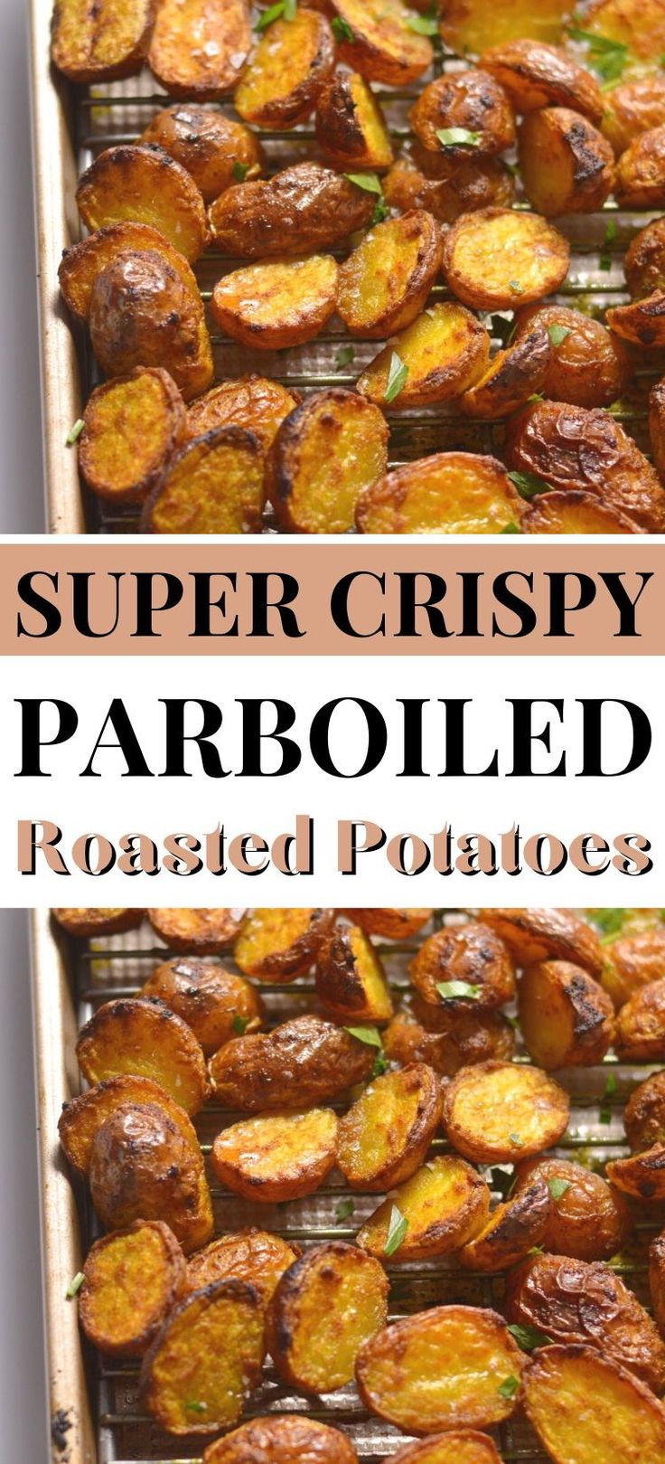 this is an image of roasted parboiled potatoes in a baking pan with text overlay