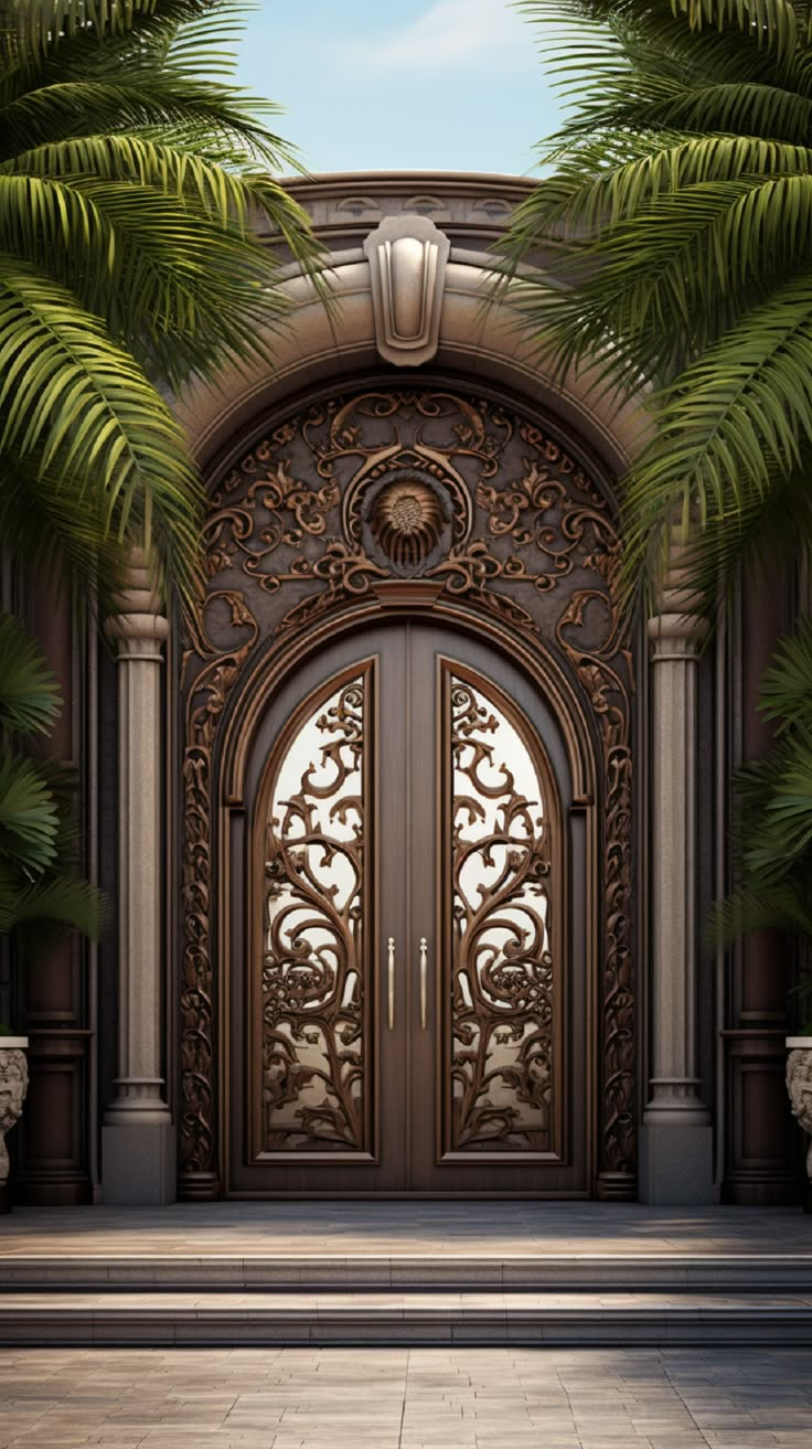 the entrance to an elegant building with two doors and palm trees in front of it