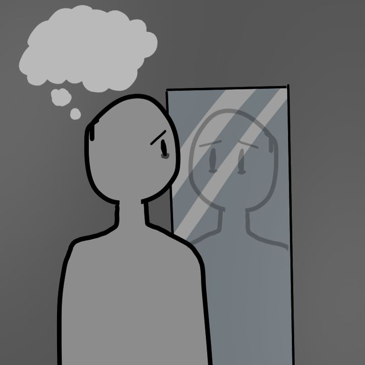 a man is looking at himself in the mirror with a thought bubble above his head