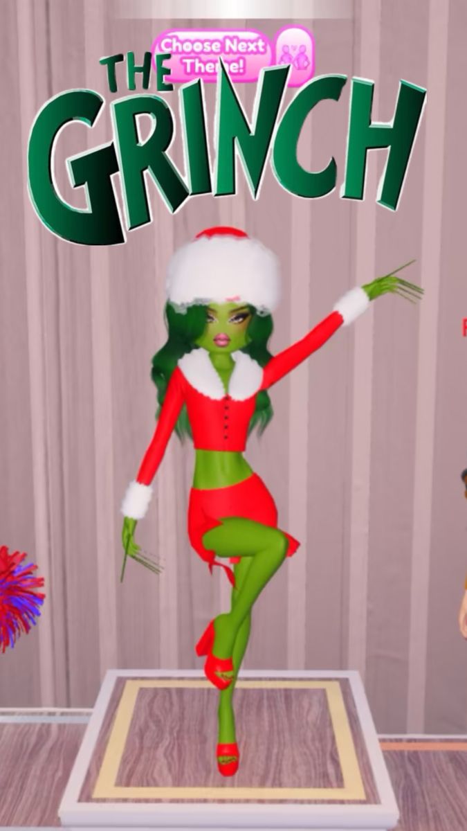 an animated image of a woman dressed as the grinch in front of a christmas display