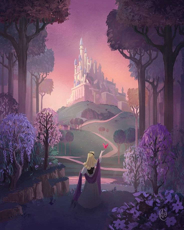 the princess is sitting on her knees in front of an image of a castle at night