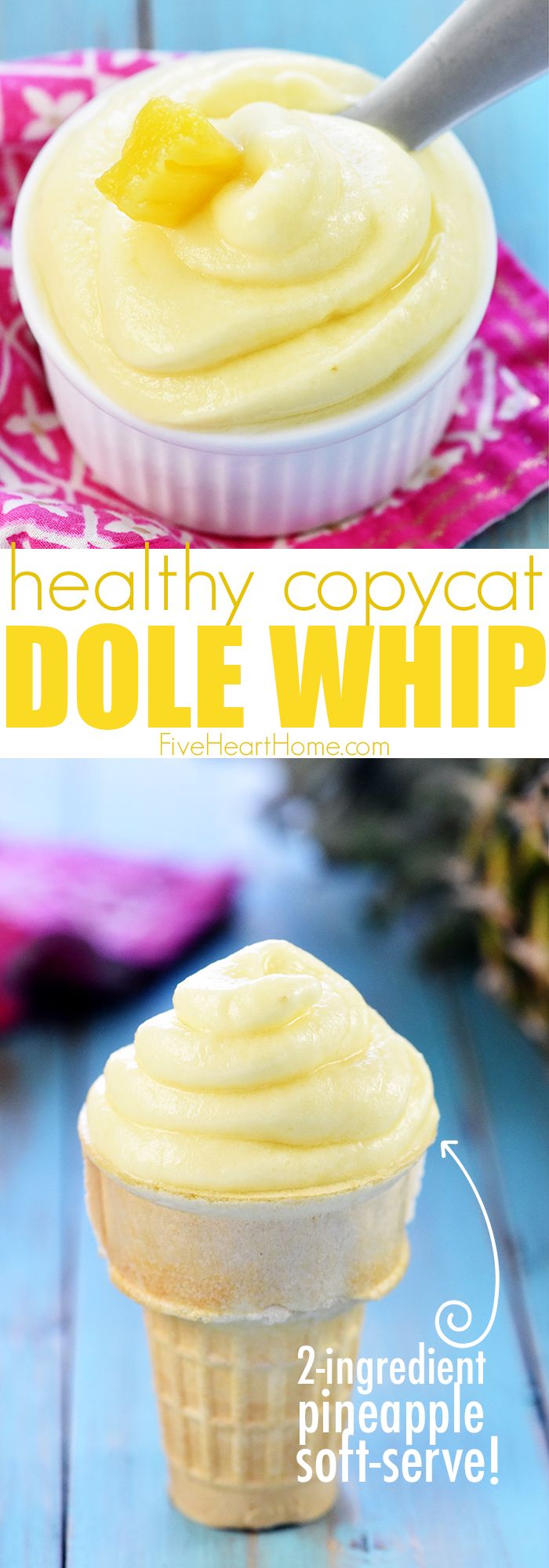 a cupcake with white frosting and pineapple in the background, on a pink napkin that says healthy copycat dolle whip