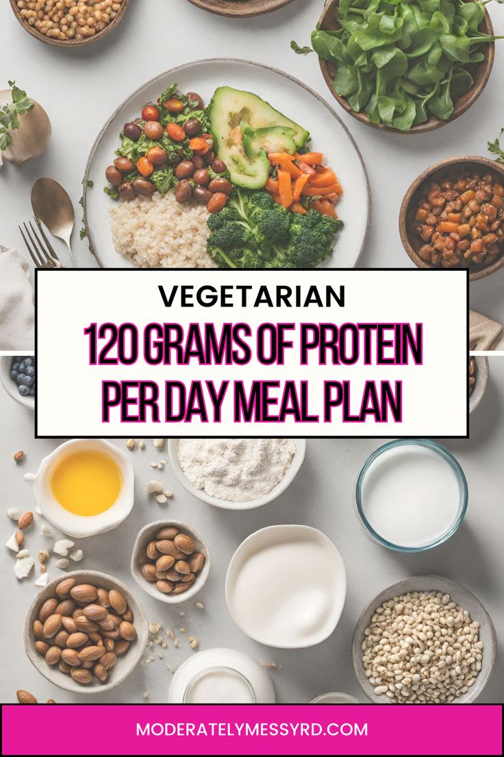 a table full of food with the words vegetarian 120 grains of protein per day meal plan