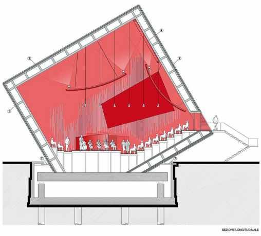 an architectural drawing of a red building with people standing around it and on the ground