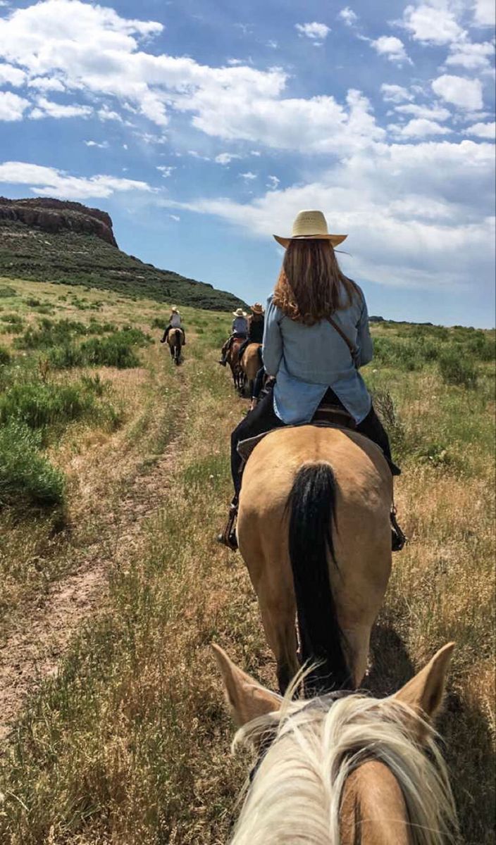 two people riding horses on a trail in the middle of an open field with mountains behind them