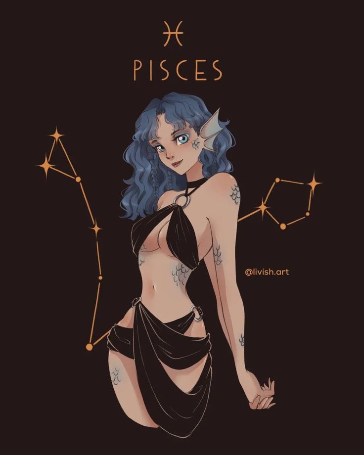 a woman with blue hair and tattoos on her body is standing in front of the zodiac sign