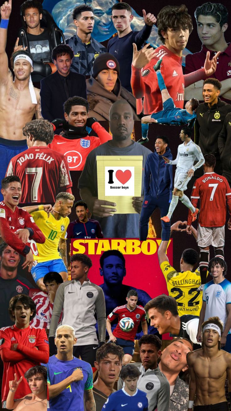 the collage shows many different soccer players and their names in red, white, blue, yellow and green