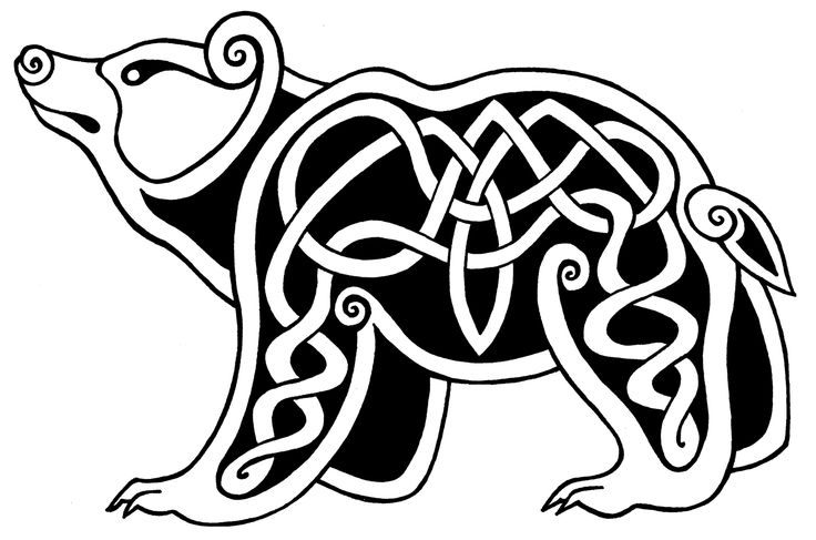 a bear with an intricate pattern on it's body, and its tail curled in the shape of a celtic knot