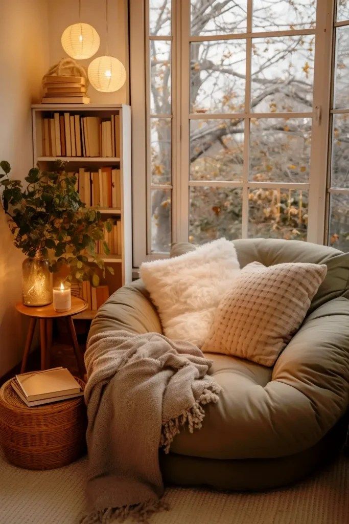 A cozy reading nook for winding down in the evening. Perfect for Bedtime Hygge Setting that's snug and comfortable. A soft cushy reading chair with woven throw blanket, candles, string lights and a book case Apartment Aesthetics Cozy, Cosy Therapy Room, Relaxing Fall Aesthetic, Cozy Winter Apartment Decor, Relaxing Spa Bedroom, Cozy Cute Living Room, Apartment With Books, Cozy New Build, Cozy Classic Home