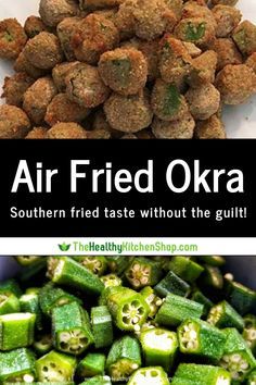 there are two pictures with the words air fried okra on them and in front of it