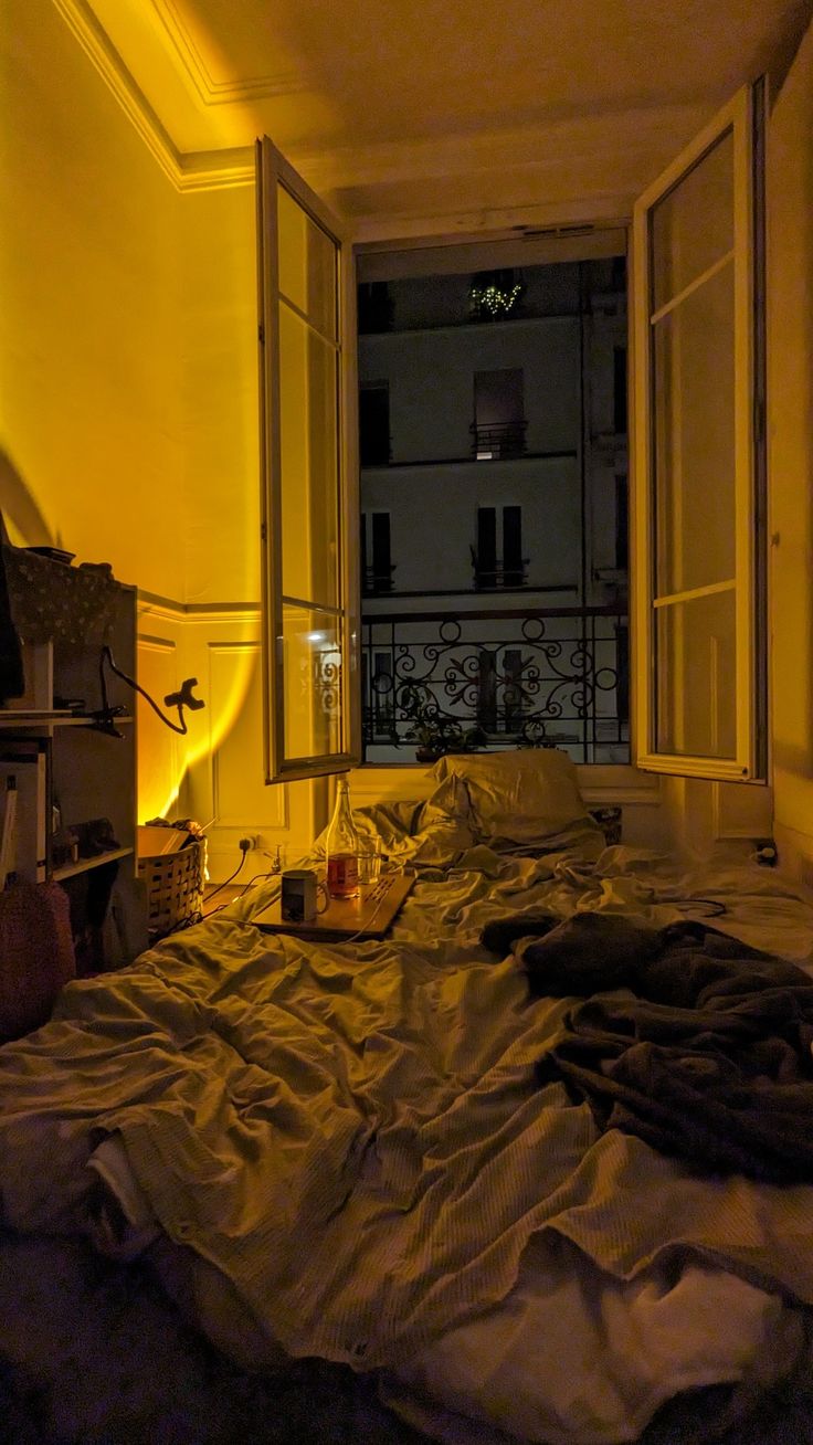 Night in Paris, aesthetic, bedroom, bed , yellow light, sunset light Appartment Aesthetics Night, Paris Apartment Aesthetic Night, Chill Aesthetic Vibes Night Bedroom, Dark Room Aesthetic Bedroom Night, Window At Night Aesthetic, Nighttime Aesthetic Bedroom, Jazz Bedroom Aesthetic, Paris Aesthetic Apartment, Paris Bedroom Aesthetic