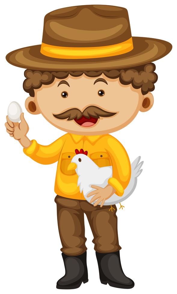 a man with a chicken in his hand and a hat on top of his head