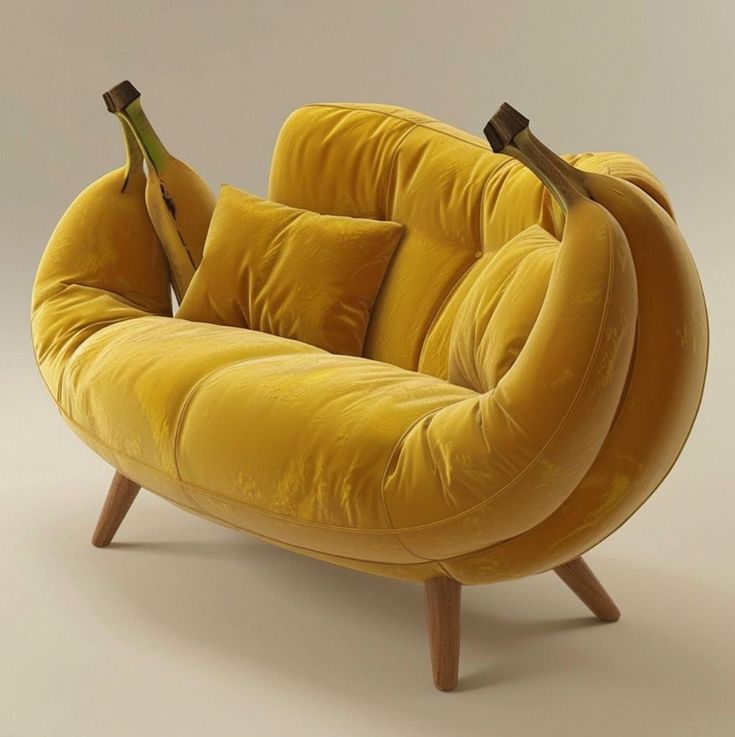 a yellow couch with two bananas attached to it's back and legs, sitting in front of a white background