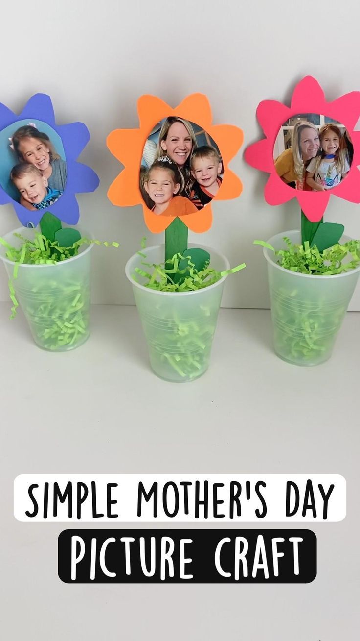 four flower shaped photo frames in small plastic cups with lettuce and leaves on them